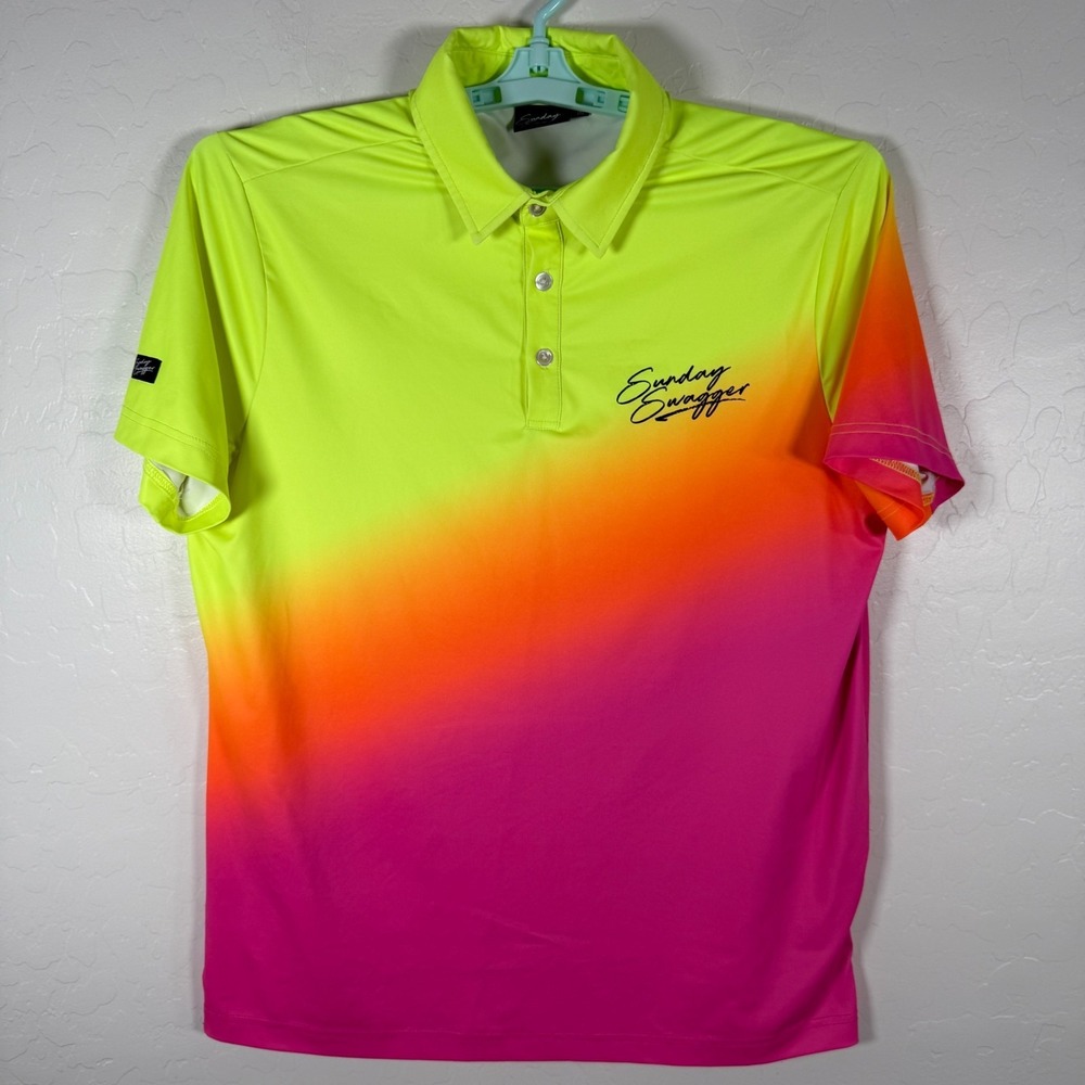 Sunday Swagger Polo Shirt Mens Medium Golf Performance Neon Ombre Stretch